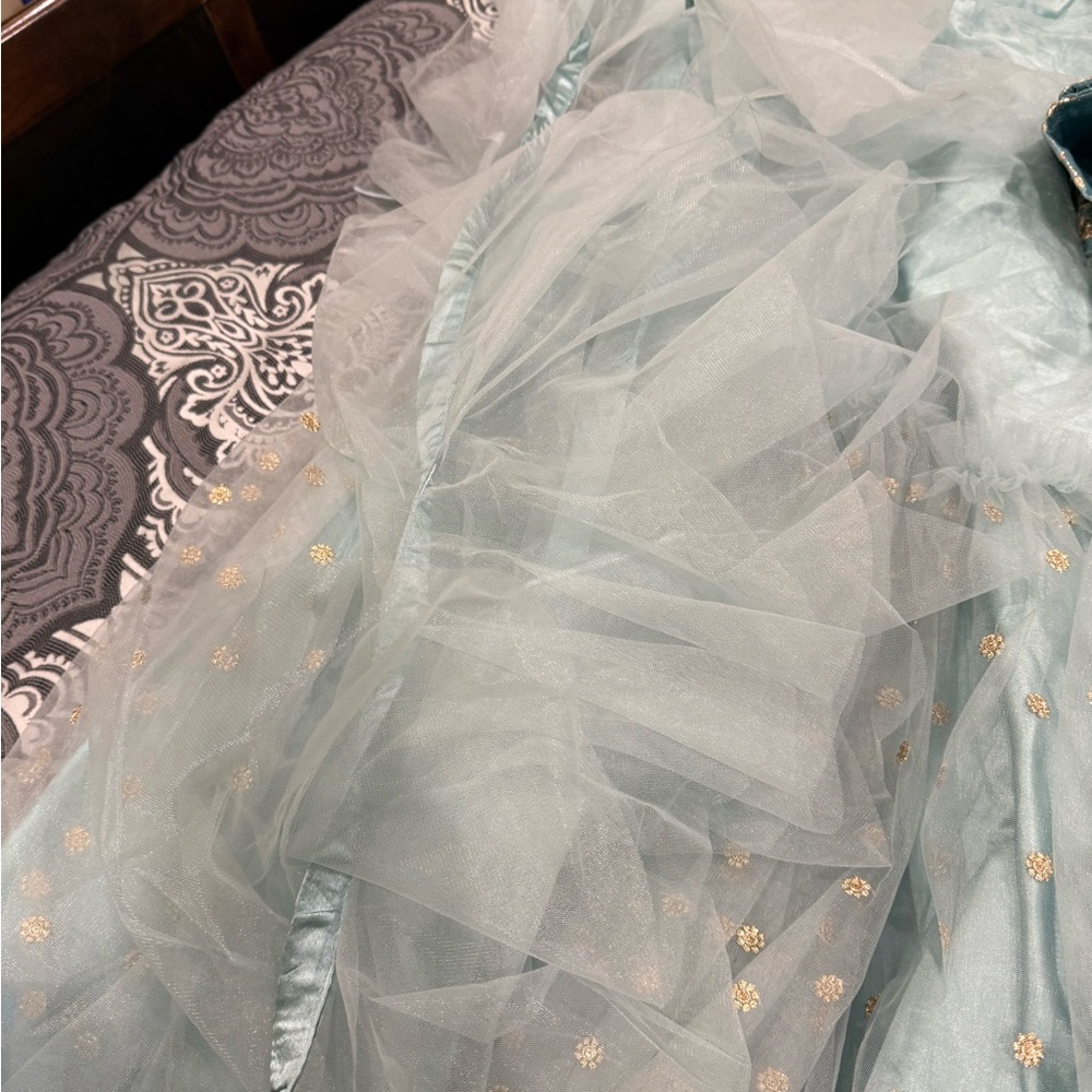 Elegant Light Blue Tulle Dress with Gold Accents